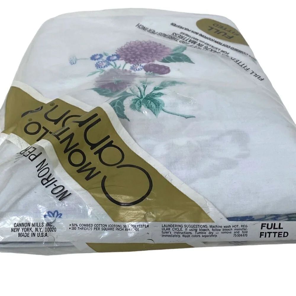 CANNON Full Fitted Sheet White Floral New Vintage No Iron Percale Cotton Blend